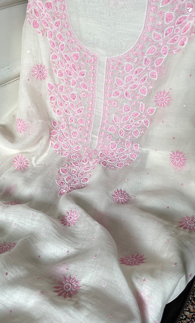 Women's Lakhnavi Handcrafted Unstitched Mul Chanderi Kurta And Dupatta Set - HONC0317815