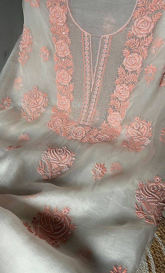 Women's Lakhnavi Handcrafted Pure Organza Chikankari Unstitched Kurta And Dupatta Set - HONC030677