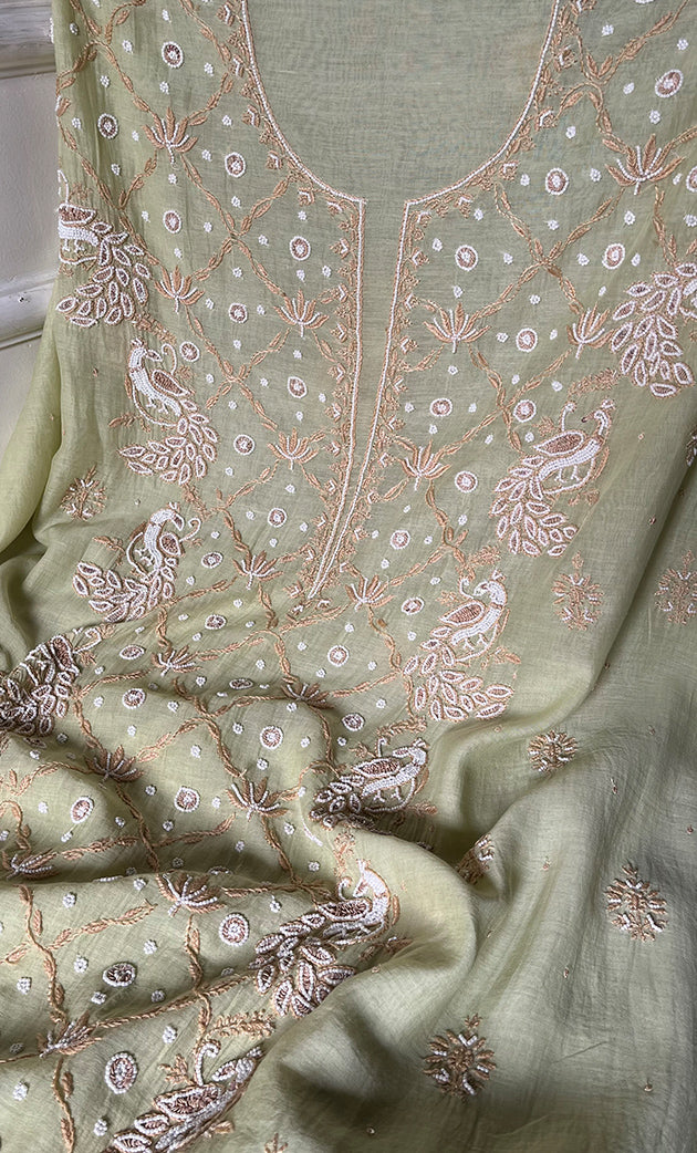 Women's Lakhnavi Handcrafted Mul Chanderi Unstitched Kurta And Dupatta Set - HONC0302264