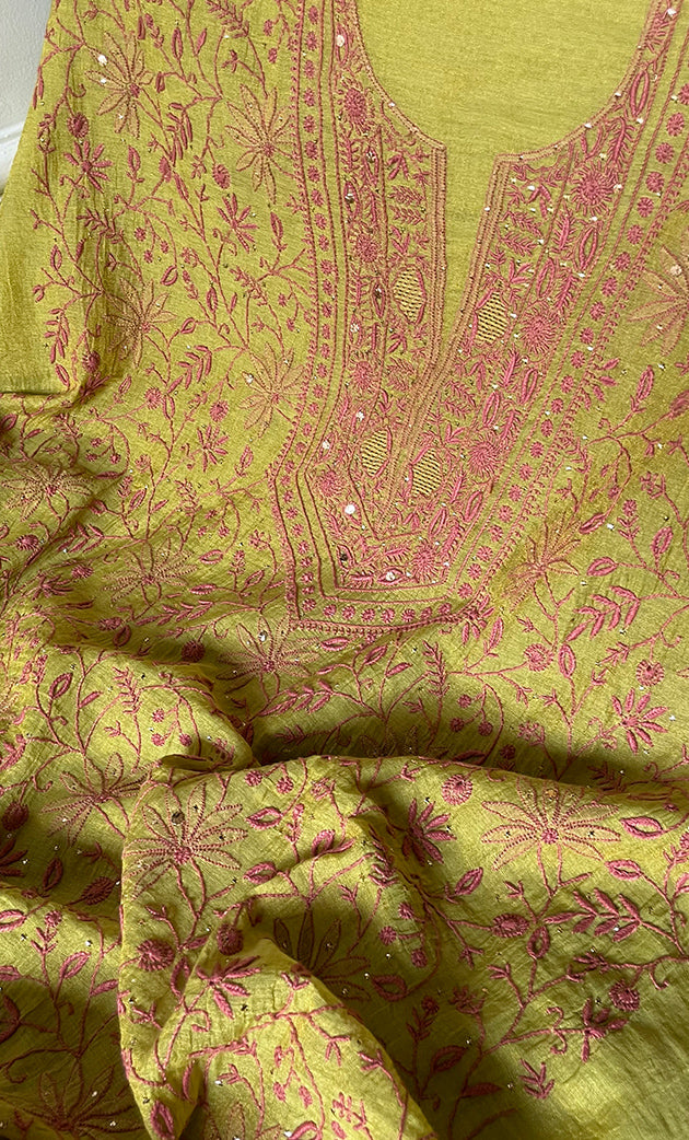 Women's Lakhnavi Handcrafted Chanderi Silk Unstitched Chikankari Kurta And Dupatta Set - HONC0294446