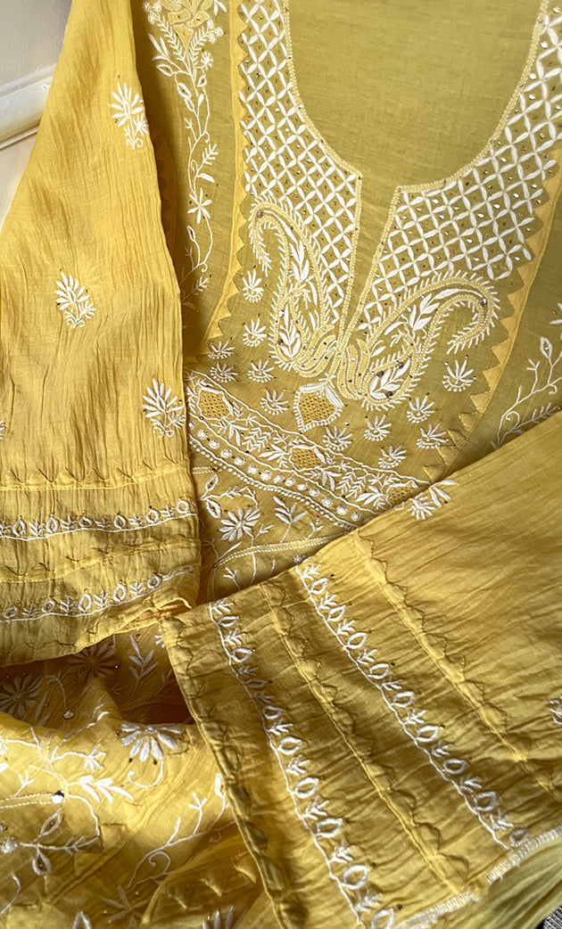 Women's Lakhnavi Handcrafted Mul Chanderi Semi - stitched Kurta And Dupatta Set- HONC0282405