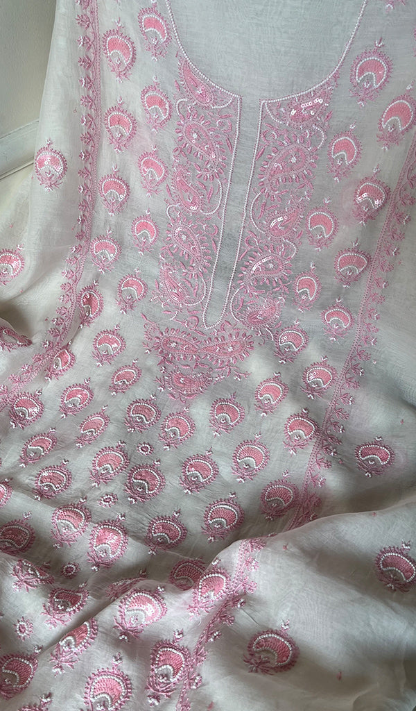 Eshal Women's Lakhnavi Handcrafted Mul Chanderi Unstitched Kurta And Dupatta Set - HONC0284789