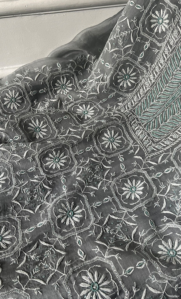 Women's Lakhnavi Handcrafted Pure Organza Chikankari Unstitched Kurta And Dupatta Set- HONC0319972