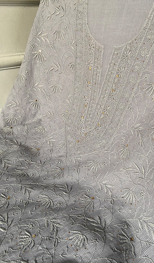 Women's Lakhnavi Handcrafted Maheshwari Mul Chanderi Unstitched Chikankari Full Suit Material - HONC0276232