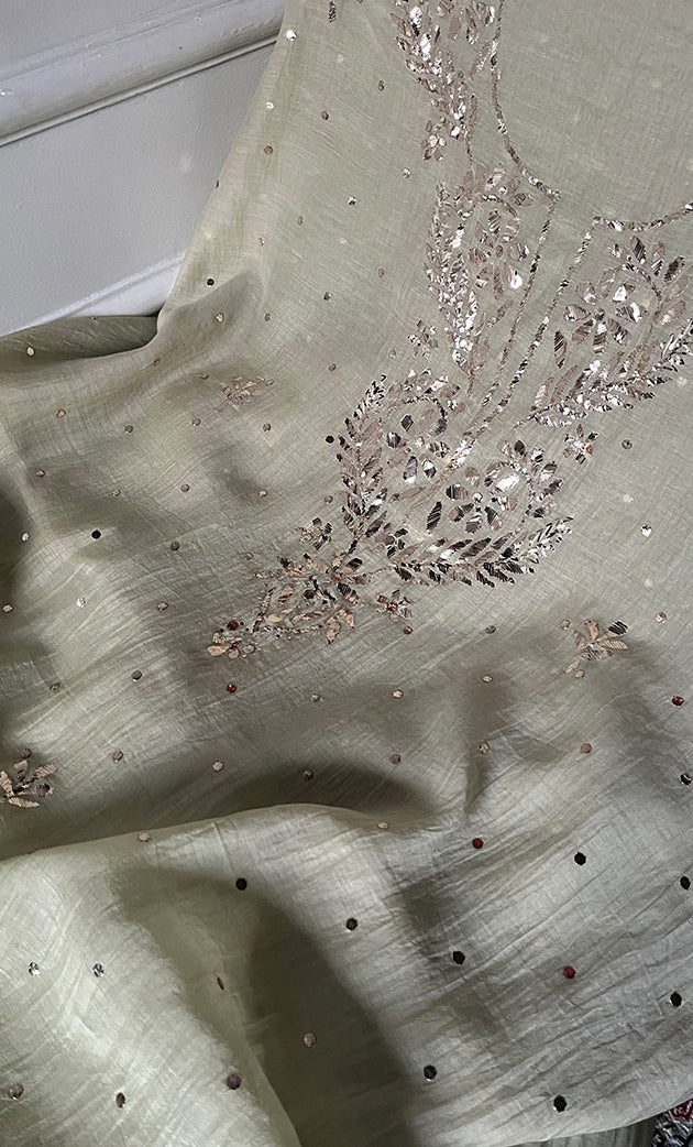 Women's Lakhnavi Handcrafted Mul Chanderi Unstitched Chikankari Full Suit Material - HONC0328514