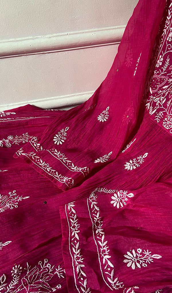 Women's Lakhnavi Handcrafted Mul Chanderi Semi - Stitched Angrakha And Dupatta Set - HONC0326284