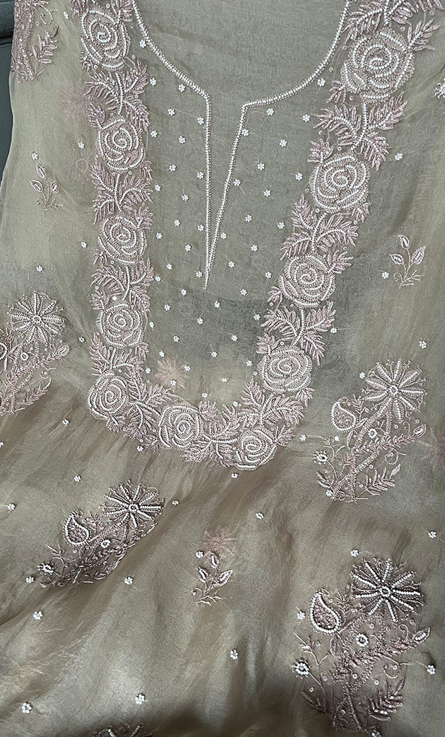 Women's Lakhnavi Handcrafted Pure Organza Chikankari Unstitched Kurta And Dupatta Set- HONC0306597