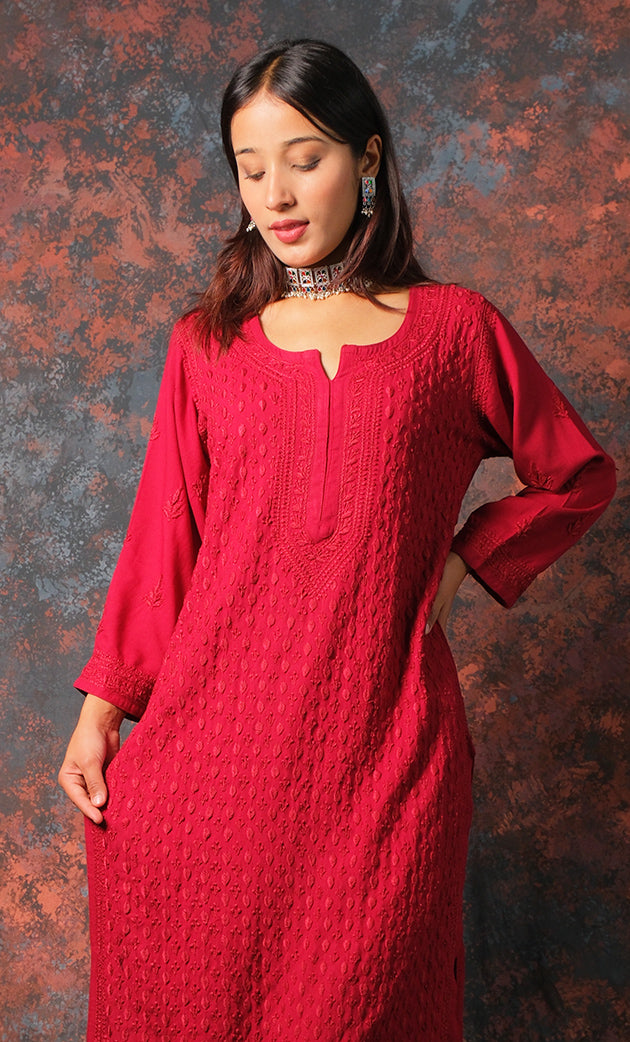 Women's Lucknowi Handcrafted Modal Cotton Chikankari Kurti - HONC0327126