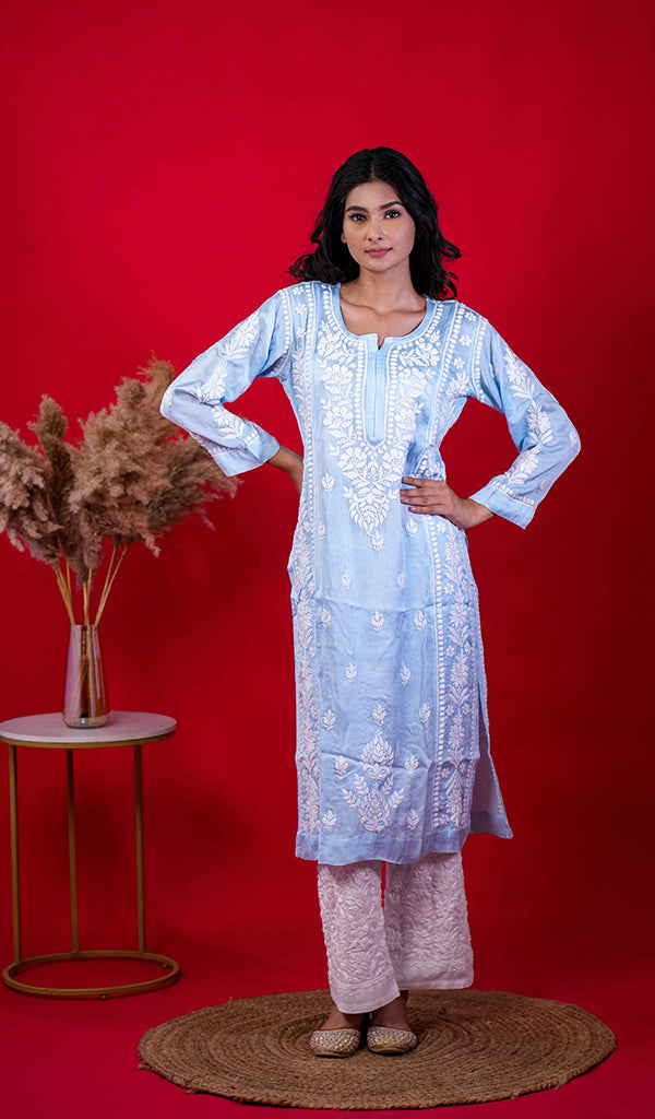 Rehnuma Women's Lucknowi Handcrafted Modal Silk Chikankari Gown - HONC0200262