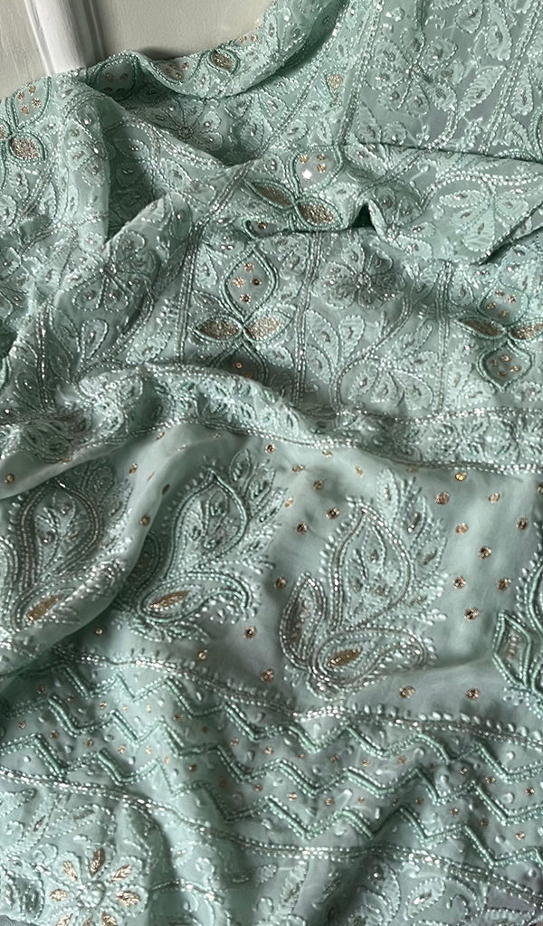 Women's Lakhnavi Handcrafted Viscose Georgette Unstitched Chikankari Full Suit Material - HONC0267300