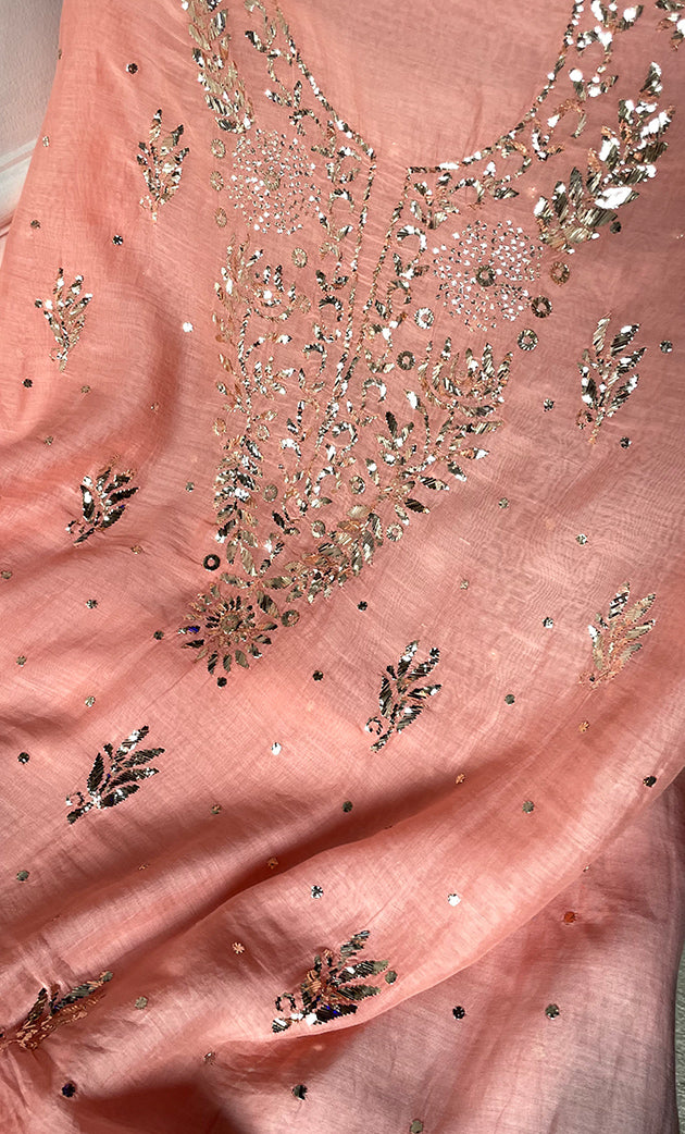 Women's Lakhnavi Handcrafted Unstitched Mul Chanderi Kurta And Dupatta Set - HONC0323632