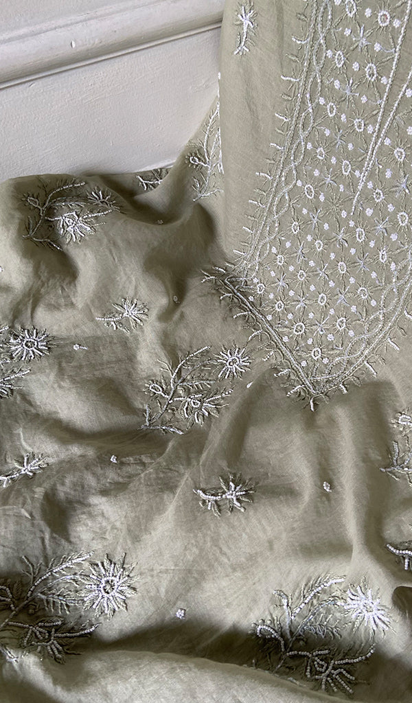 Women's Lakhnavi Handcrafted Chanderi Silk Unstitched Chikankari Full Suit - HONC0354638