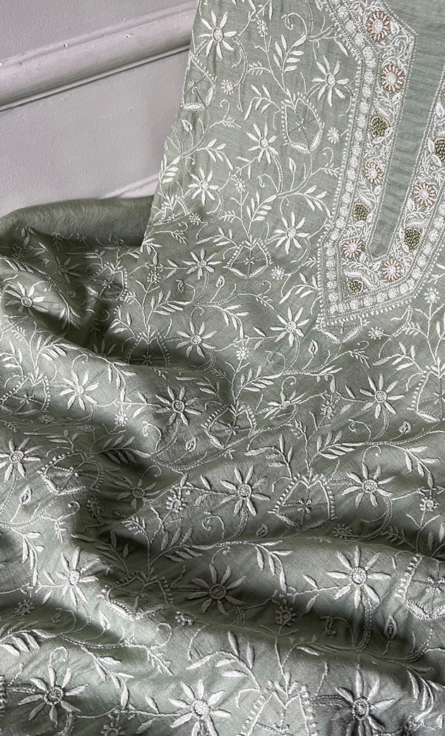 Women's Lakhnavi Handcrafted Unstitched Munga Silk Chikankari Kurta And Dupatta Set- HONC0274528