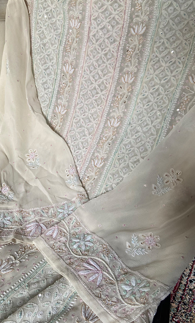 Women's Lakhnavi Handcrafted Pure Silk Georgette Chikankari Semi - stitched Anarkali And Dupatta Set- HONC0193624