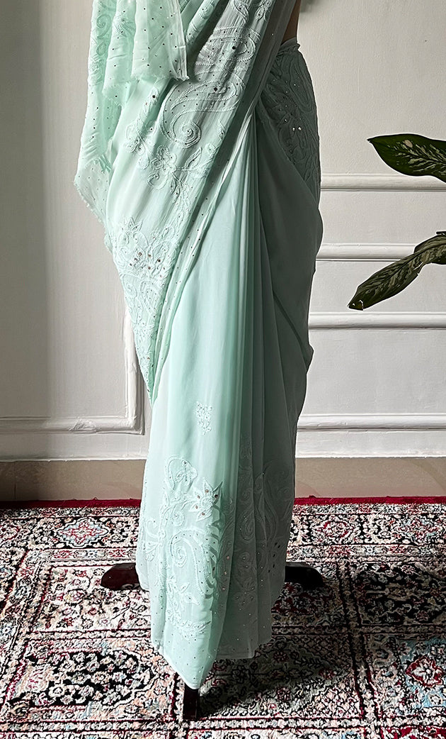 Women's Lakhnavi Handcrafted Viscose Georgette Chikankari Saree - HONC0317904