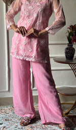 Load image into Gallery viewer, Women's Lucknowi Handcrafted Organza  Stitched Chikankari Kurta And Plazzo Set
