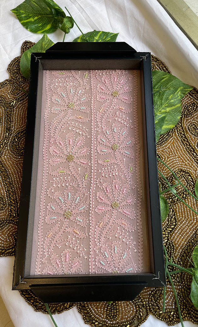 Handcrafted Chikankari Tray with Two Coasters – Wooden Frame - HONC0254752