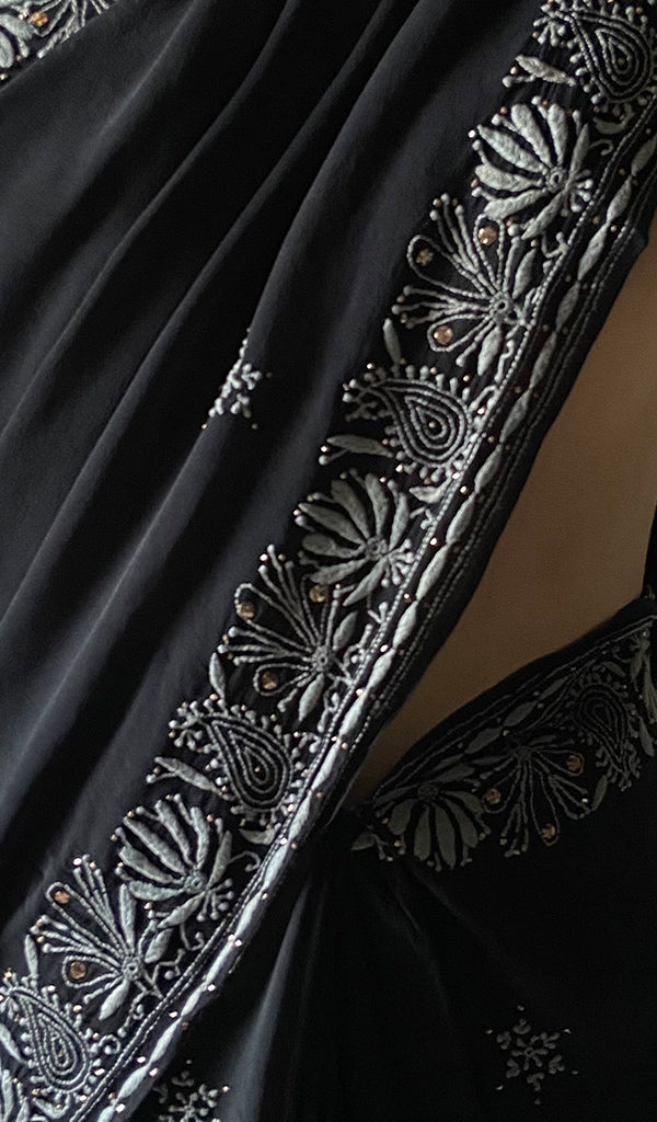 Women's Lakhnavi Handcrafted Pure Silk Georgette Chikankari Saree - HONC0274172