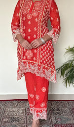 Women's Lucknowi Handcrafted Mul Chanderi Stitched Chikankari Short Kurta And Plazzo Set .