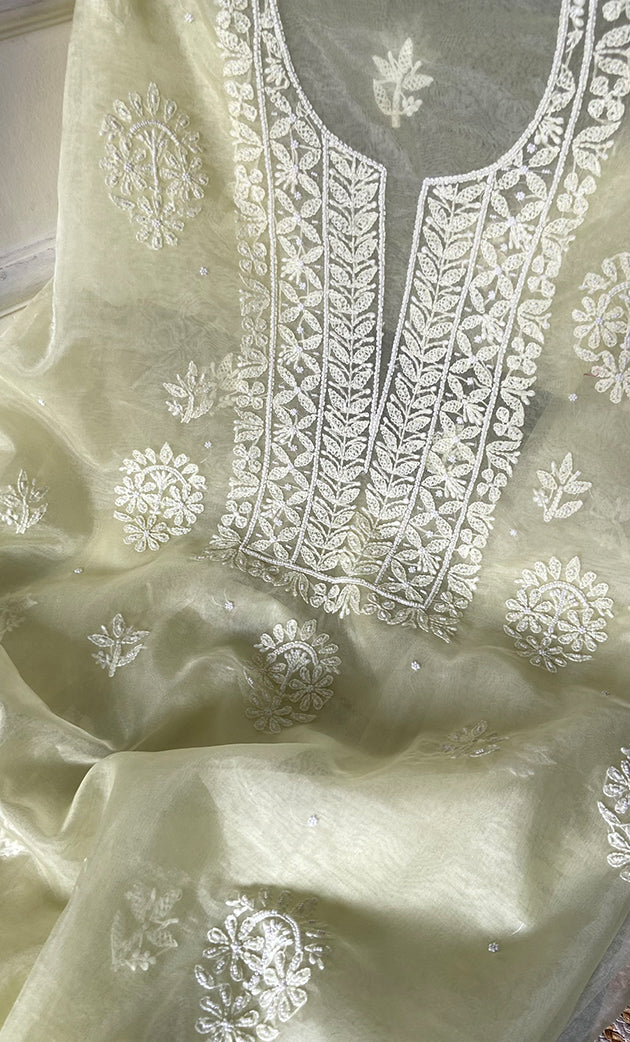 Women's Lakhnavi Handcrafted Organza Chikankari Unstitched Full Suit Material - HONC0287044