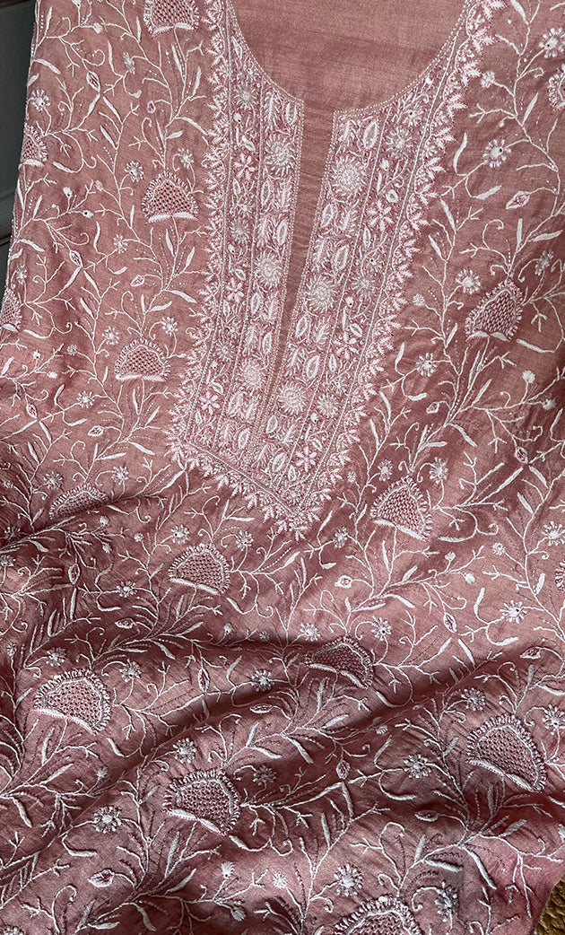 Women's Lakhnavi Handcrafted Munga Silk Unstitched Chikankari Kurta And Dupatta Set- HONC0267021