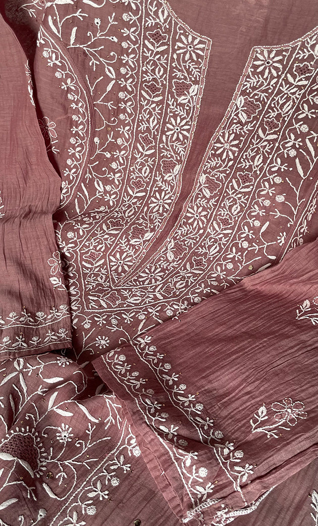 Women's Lakhnavi Handcrafted Mul Chanderi Semi -stitched Chikankari Full Suit Material - HONC0296117