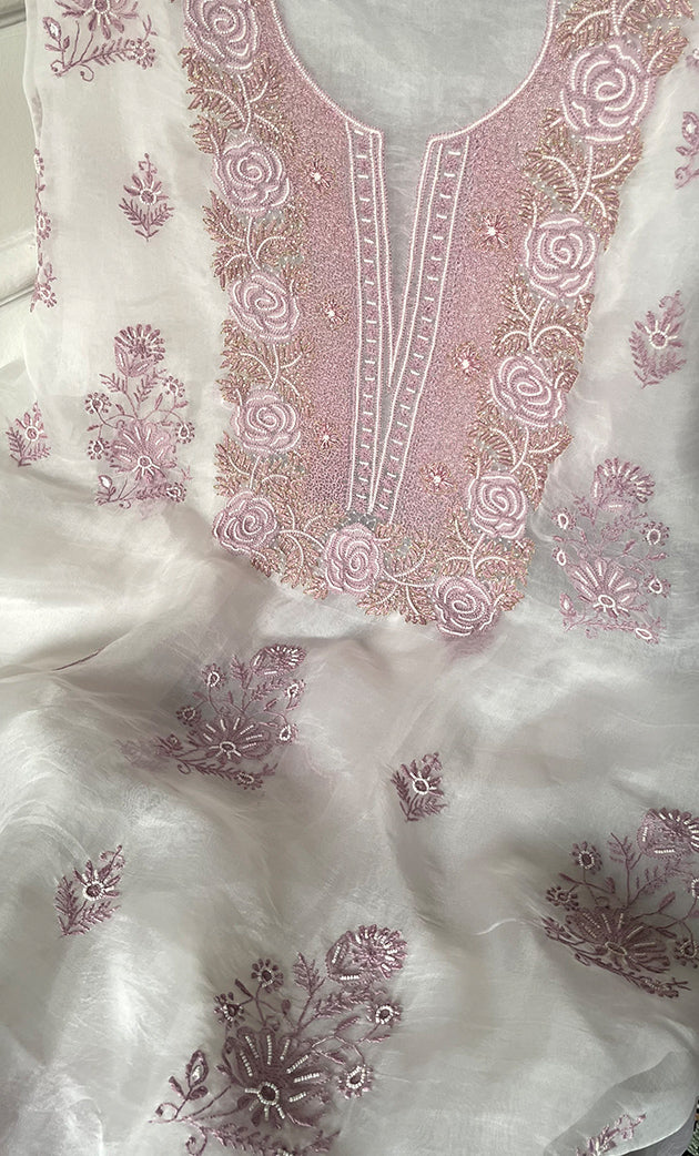 Mehnaj Women's Lakhnavi Handcrafted Pure Organza Chikankari Unstitched Kurta And Dupatta Set- HONC0316110