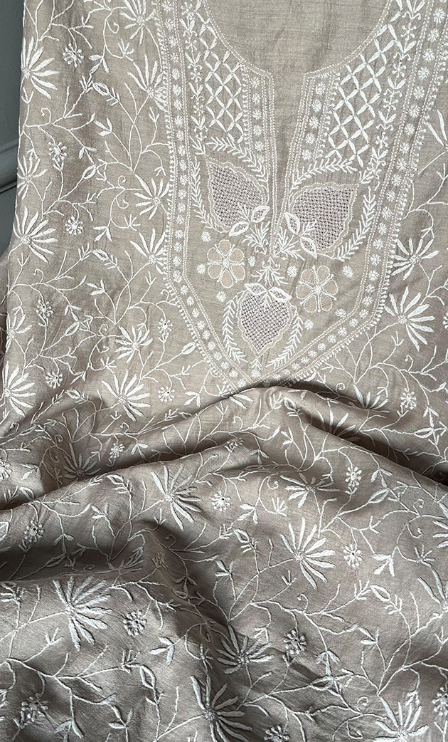 Women's Lakhnavi Handcrafted Munga Silk Chikankari Kurta And Dupatta Set- HONC0280927