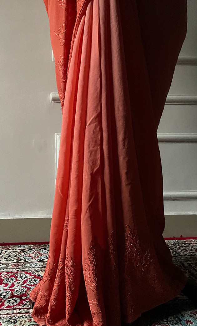 Women's Lakhnavi Handcrafted Viscose Georgette Chikankari Saree - HONC0318167