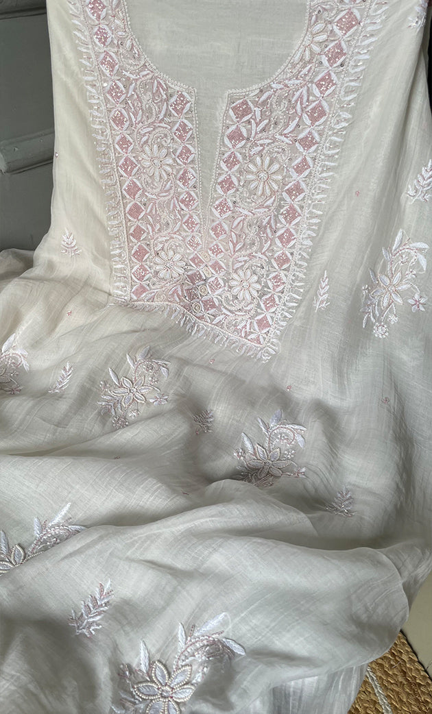 Women's Lakhnavi Handcrafted Mul Chanderi Unstitched Kurta And Dupatta Set- HONC0313320