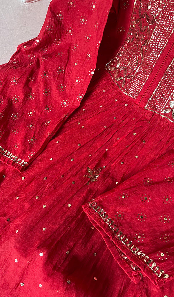 Women's Lakhnavi Handcrafted Mul Chanderi Semi - Stitched Kurta And Dupatta Set - HONC0267213