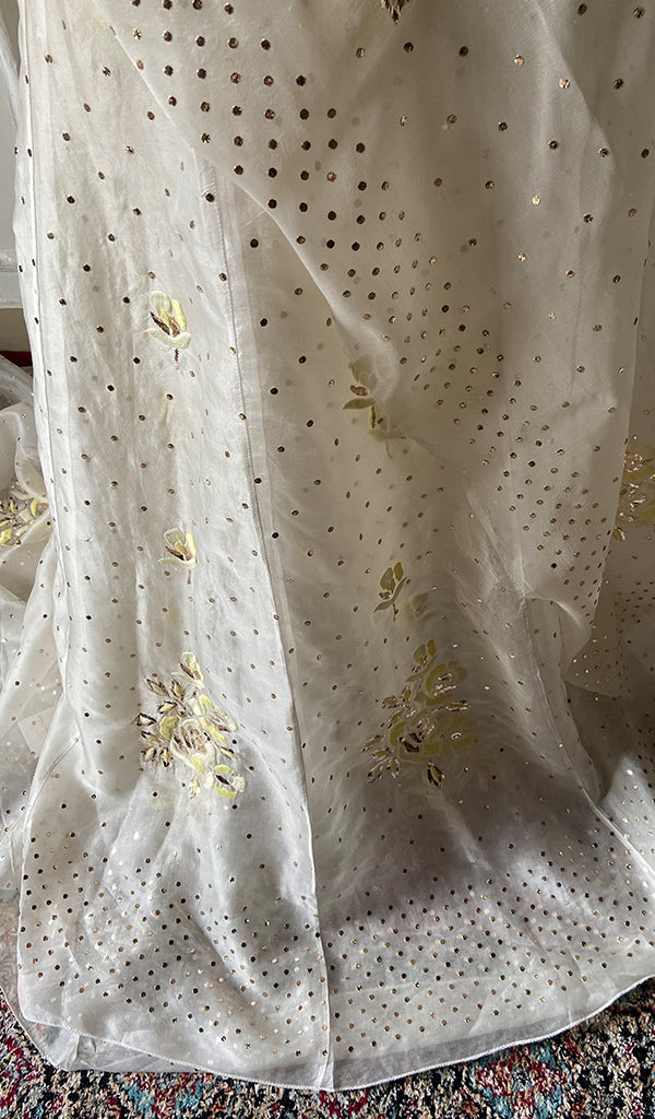 Women's Lakhnavi Handcrafted Bridal Pure Organza Silk Chikankari Lehenga Set - HONC0360858
