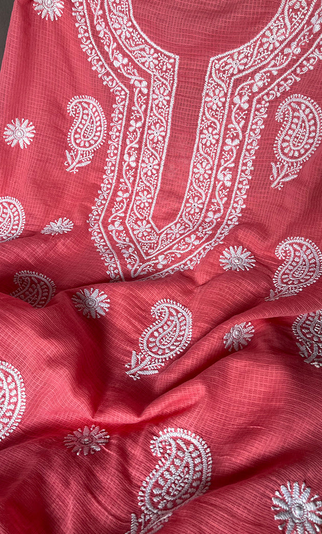 Women's Lucknowi Handcrafted Kota Cotton Chikankari Unstitched Kurta And Dupatta Set - HONC0312648