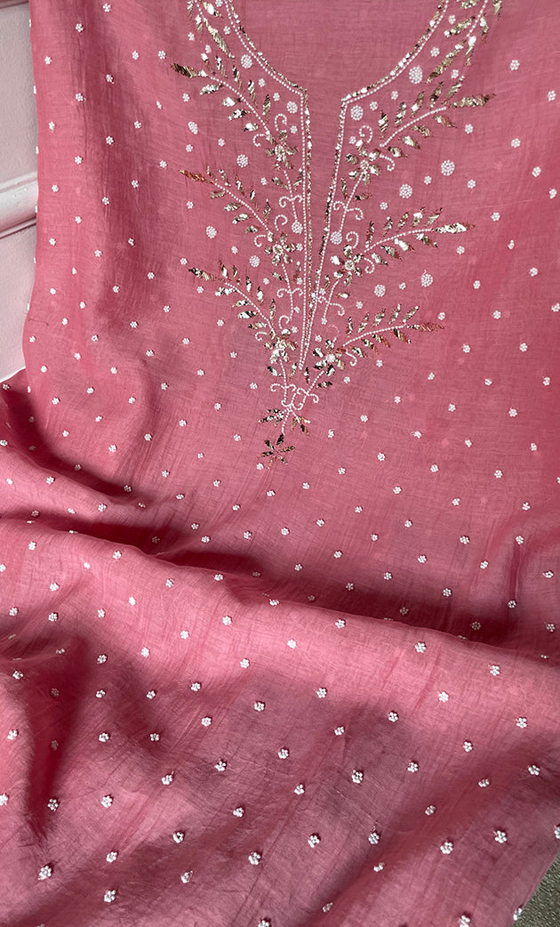 Women's Lakhnavi Handcrafted Mul Chanderi Unstitched Chikankari Full Suit Material - HONC0311943
