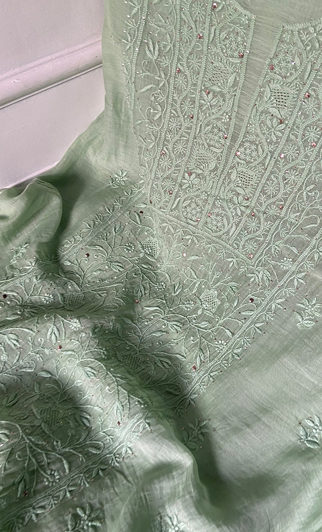 Women's Lakhnavi Handcrafted Mul Chanderi Unstitched Kurta And Dupatta Set - HONC0324501