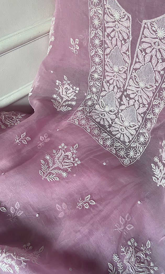 Women's Lakhnavi Handcrafted Pure Organza Chikankari Unstitched Kurta And Dupatta Set- HONC0288321