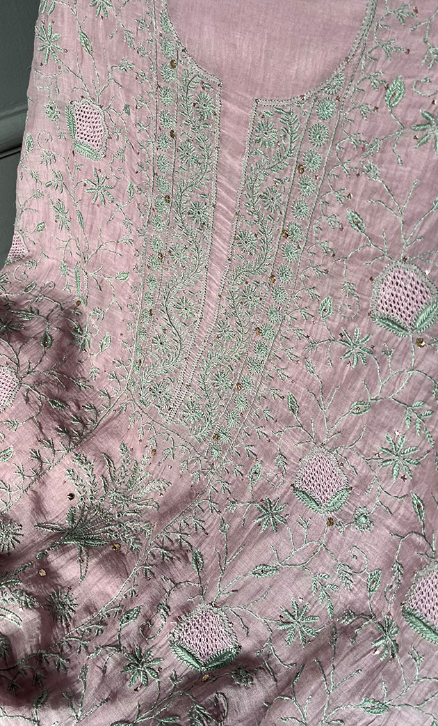 Women's Lakhnavi Handcrafted Mul Chanderi Unstitched Kurta And Dupatta Set- HONC0273563