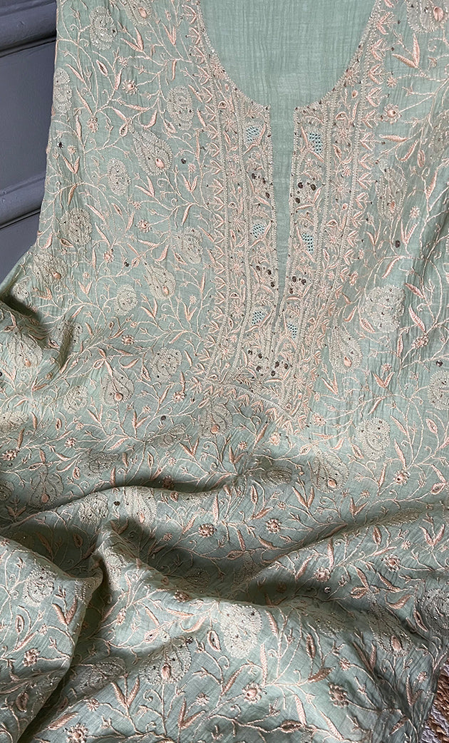Women's Lakhnavi Handcrafted Mul Chanderi Unstitched Kurta And Dupatta Set- HONC0280882
