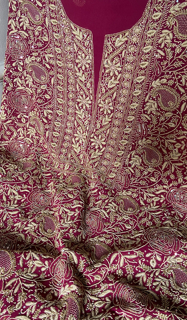 Women's Lakhnavi Handcrafted Pure Silk Georgette Chikankari Unstitched Kurta And Dupatta Set - HONC0329374