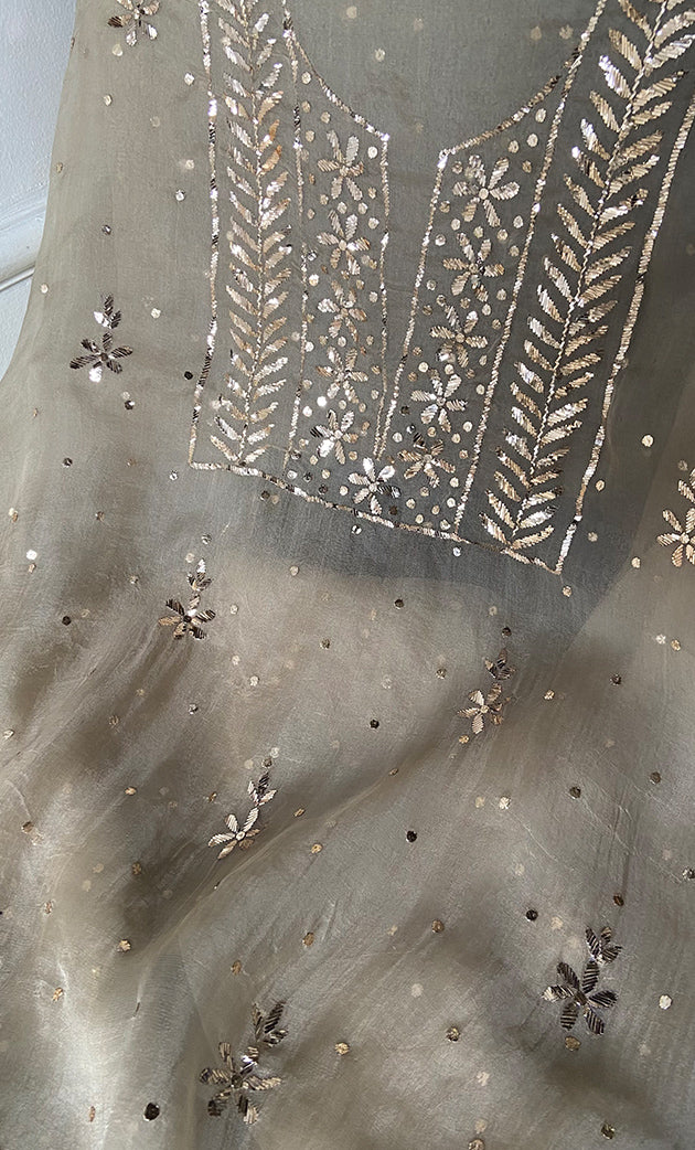 Marifa Women's Lakhnavi Handcrafted Pure Organza Chikankari Unstitched Kurta And Dupatta Set- HONC0340777