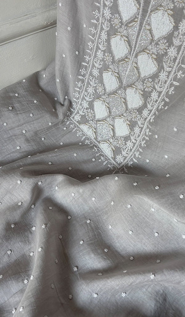 Jazba Women's Lakhnavi Handcrafted Mul Chanderi Unstitched Kurta And Dupatta Set - HONC0353212