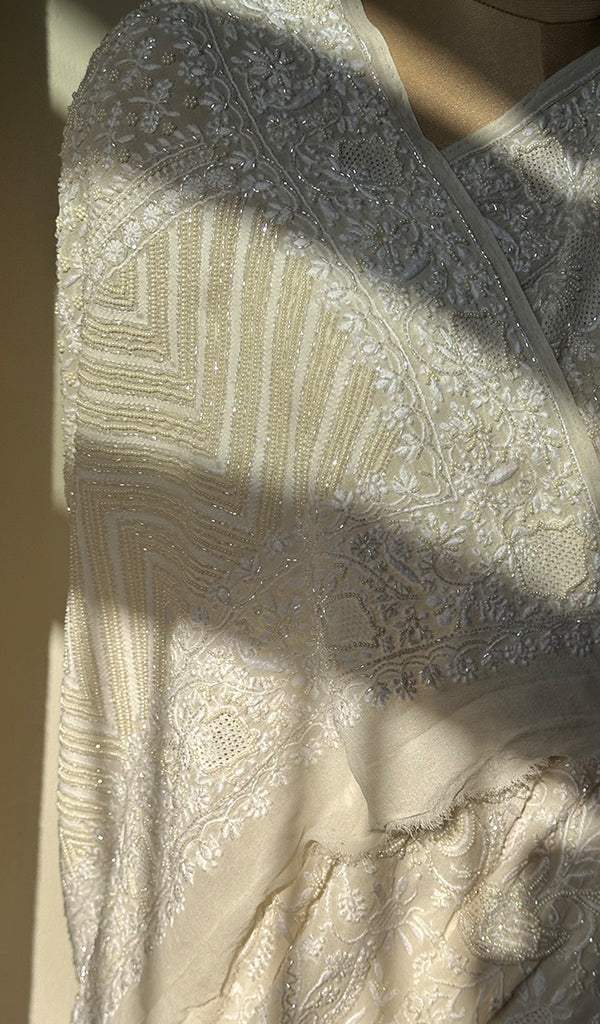 Women's Lakhnavi Handcrafted Pure Silk Georgette Chikankari - HONC0232425