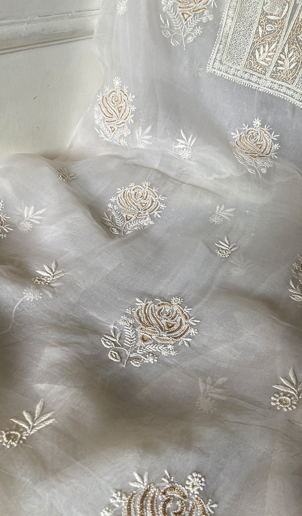 Women's Lakhnavi Handcrafted Pure Organza Chikankari Unstitched Kurta And Dupatta Set- HONC0348020
