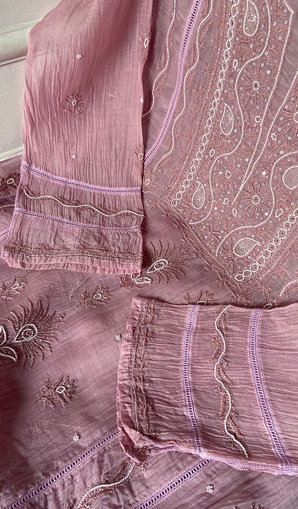 Women's Lakhnavi Handcrafted Mul Chanderi Unstitched Chikankari Full Suit - HONC0334735