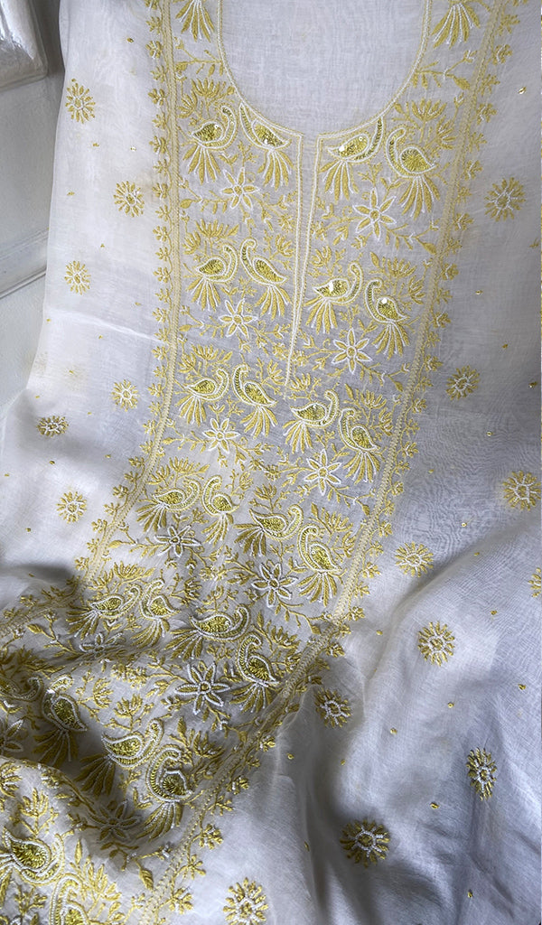 Women's Lakhnavi Handcrafted Mul Chanderi Unstitched Kurta And Dupatta Set - HONC0355844