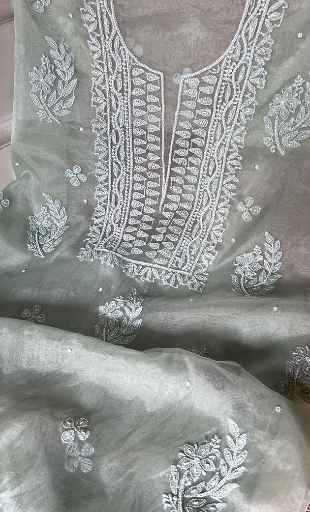 Women's Lakhnavi Handcrafted Organza Chikankari Unstitched Full Suit Material - HONC0287038