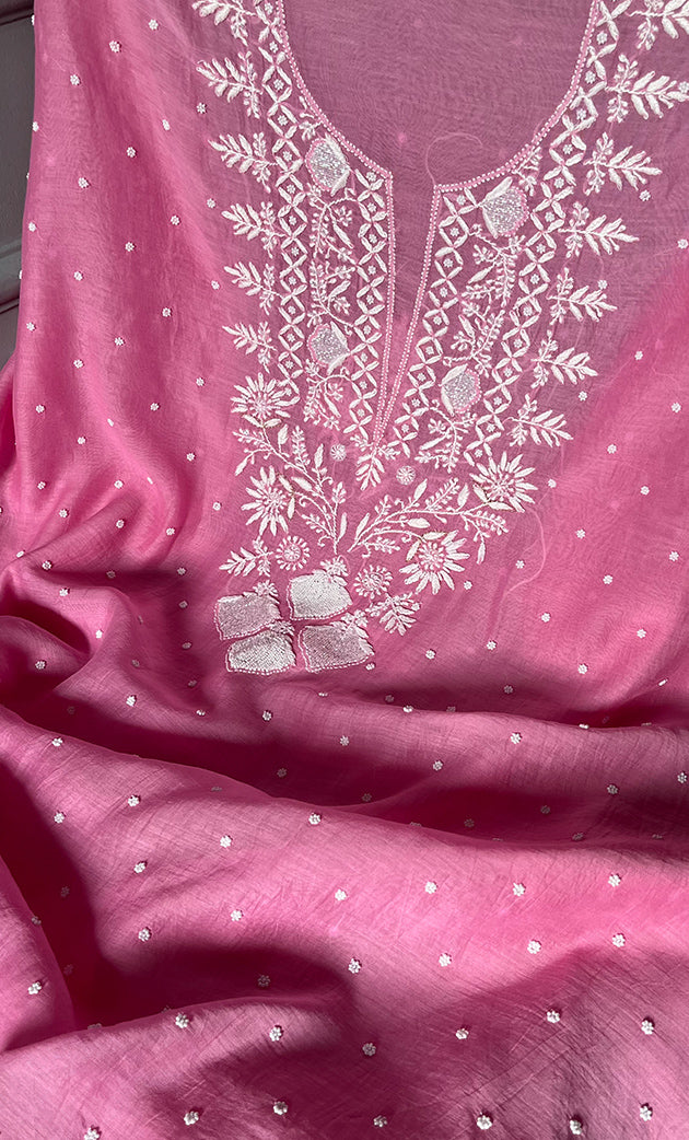 Jazba Women's Lakhnavi Handcrafted Mul Chanderi UnStitched Kurta And Dupatta Set - HONC0301688
