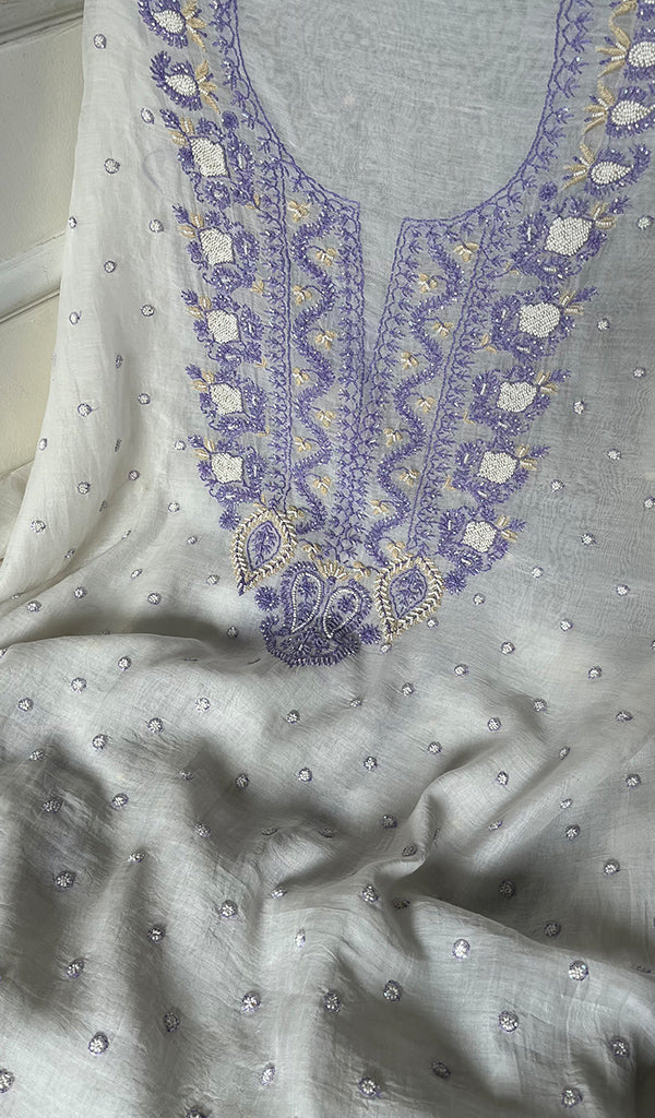 Women's Lakhnavi Handcrafted Mul Chanderi Unstitched Kurta And Dupatta Set - HONC0279815