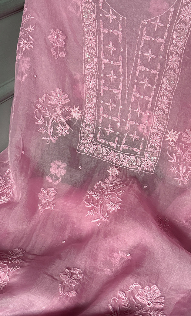 Women's Lakhnavi Handcrafted Pure Organza Chikankari Unstitched Kurta And Dupatta Set- HONC0307950