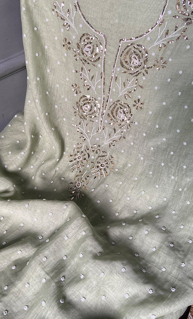 Women's Lakhnavi Handcrafted Mul Chanderi Unstitched Chikankari Full Suit Material - HONC0311937